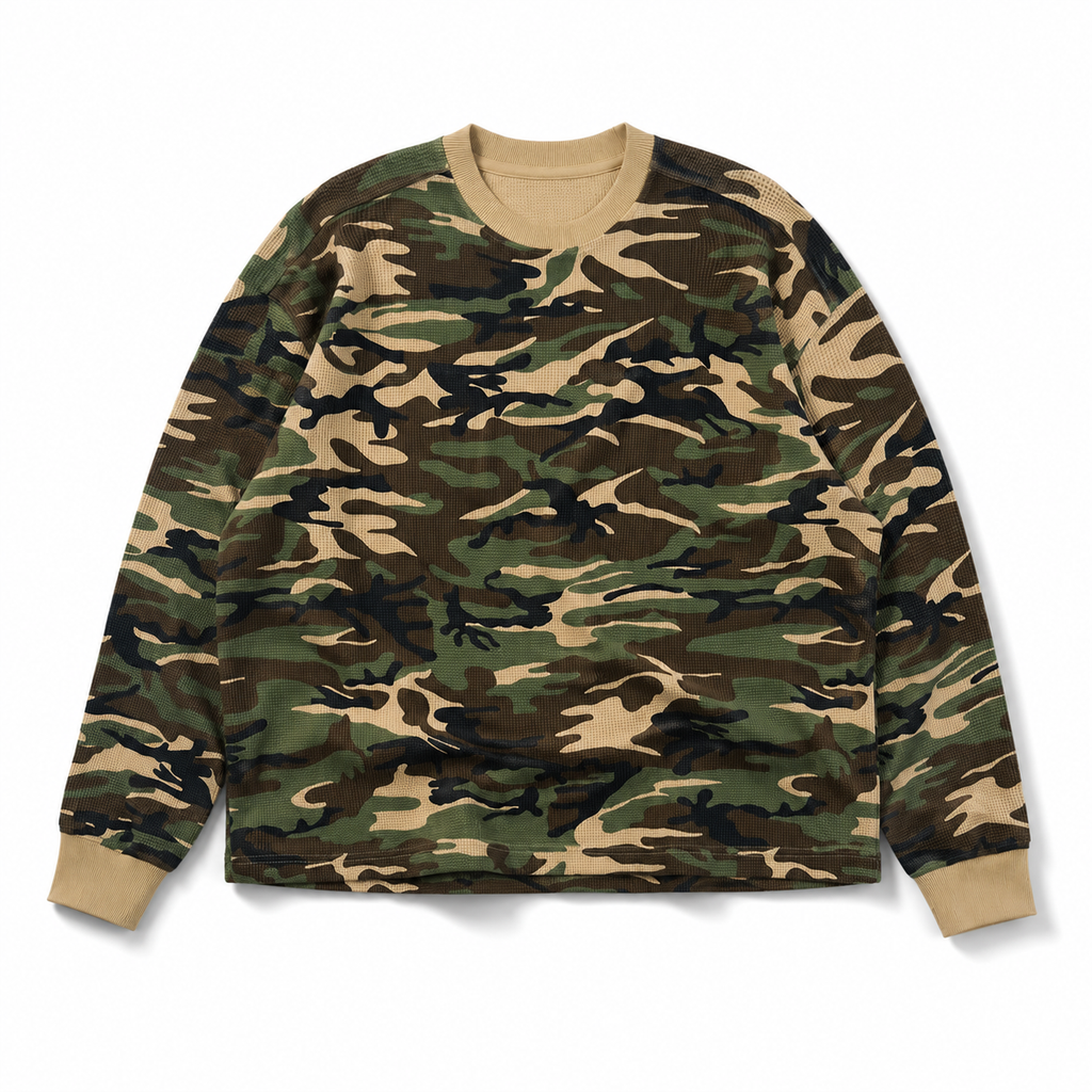 Boxy Long Sleeve Waffle T Shirt - Camo