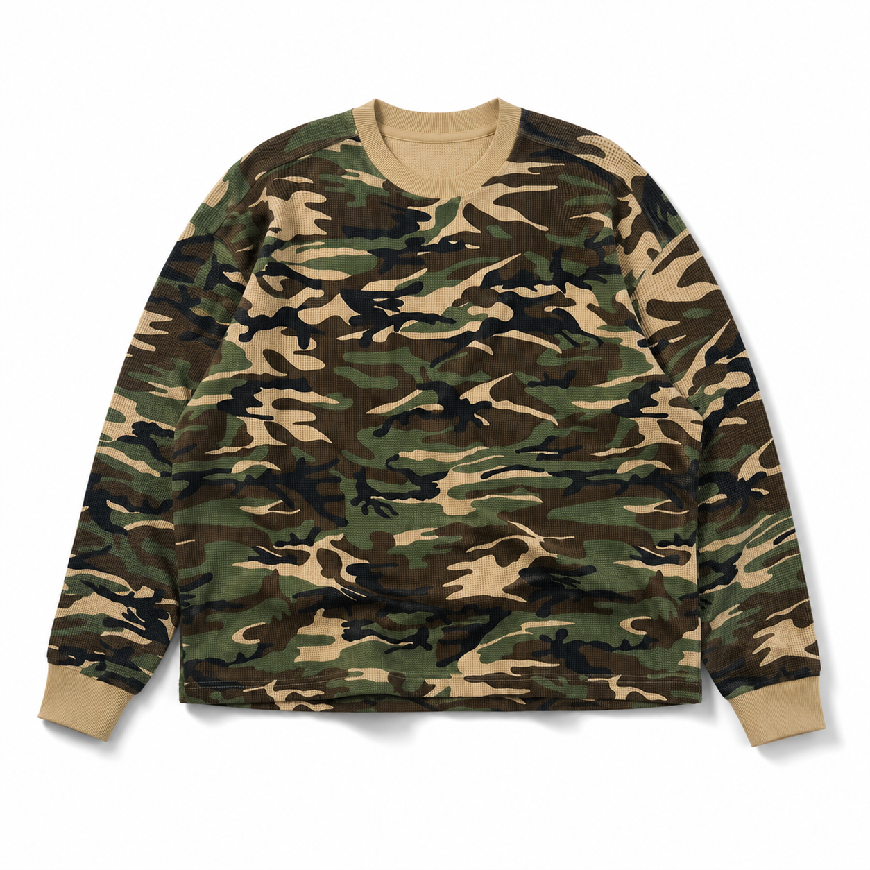 Boxy Long Sleeve Waffle T Shirt - Camo