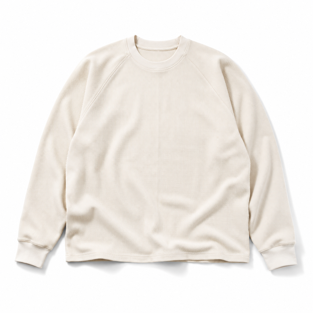 Boxy Long Sleeve Waffle T Shirt - Ecru