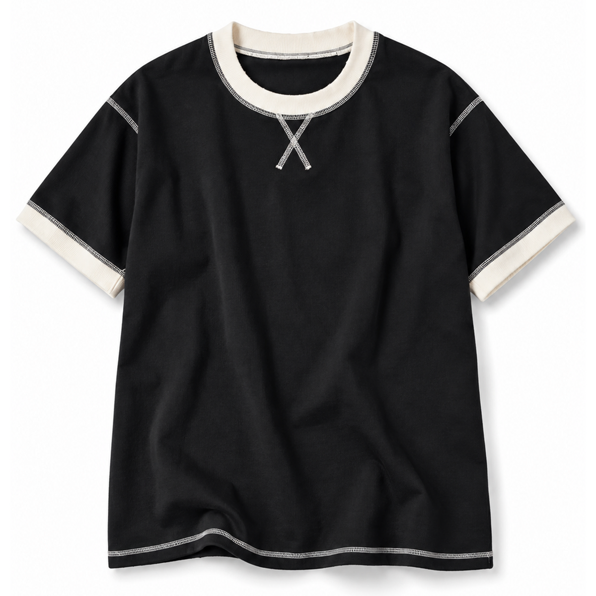Contrast Stitch Ringer T Shirt - Black/Cream